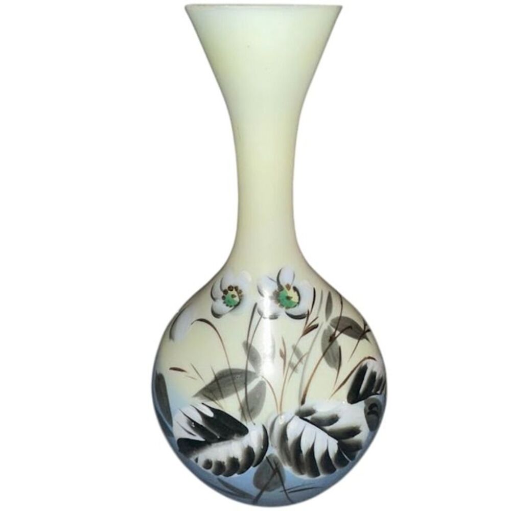 Antique Victorian White Opaline Hand Painted Flowers Bristol Vase